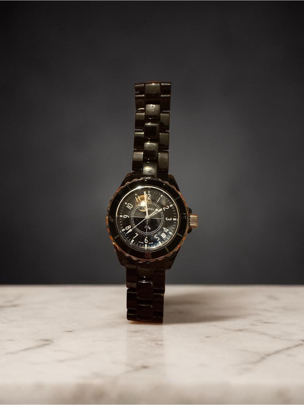 Black Ceramic Link Watch with Gold Accents